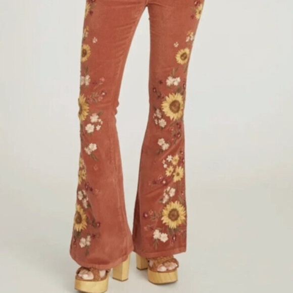 Free People Driftwood Falling Sunflower Farrah Embroidered Cord Flare Jeans - Picture 6 of 10
